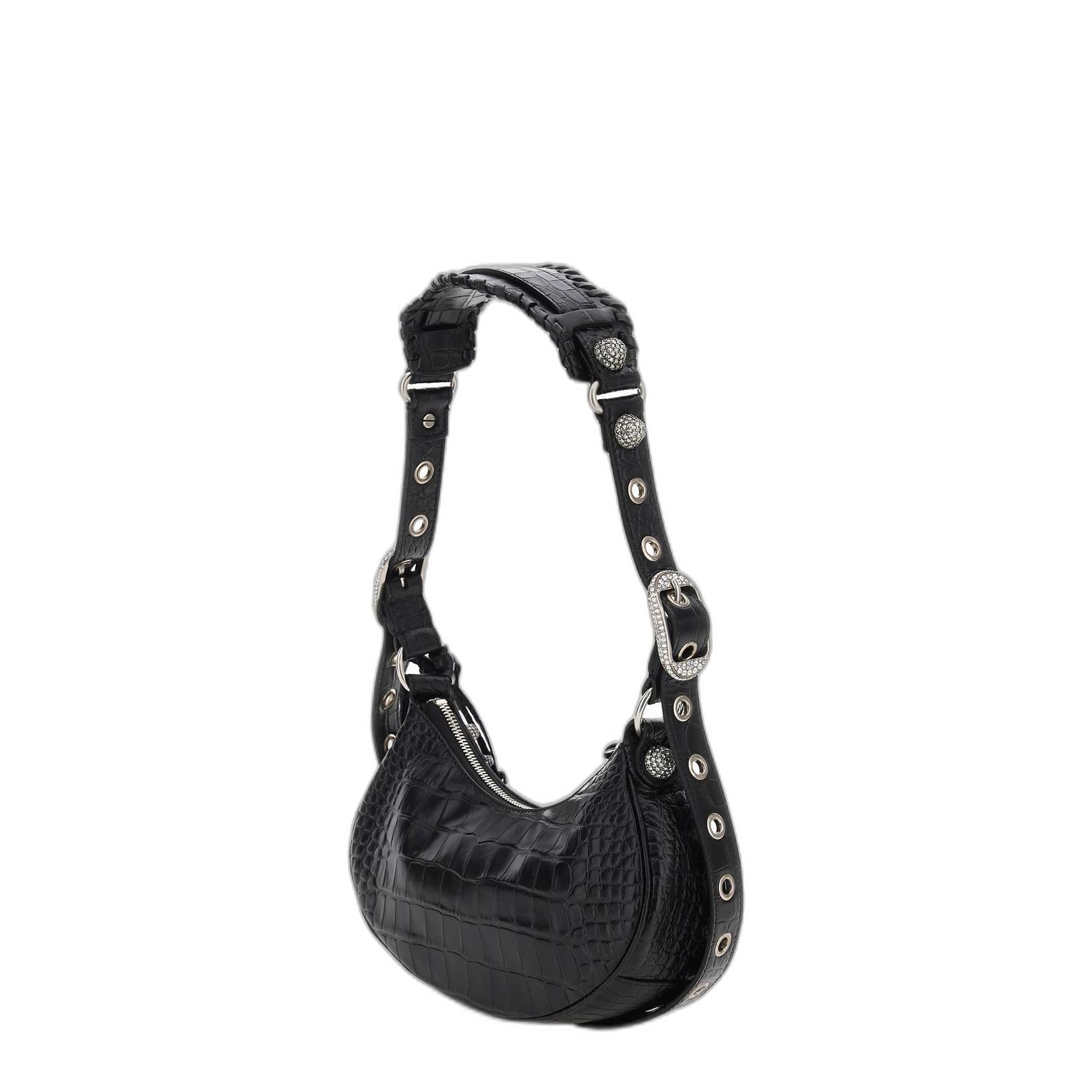 Le Cagole Xs Shoulder Bag in Black Crocodile Embossed With Rhinestones - Image 2