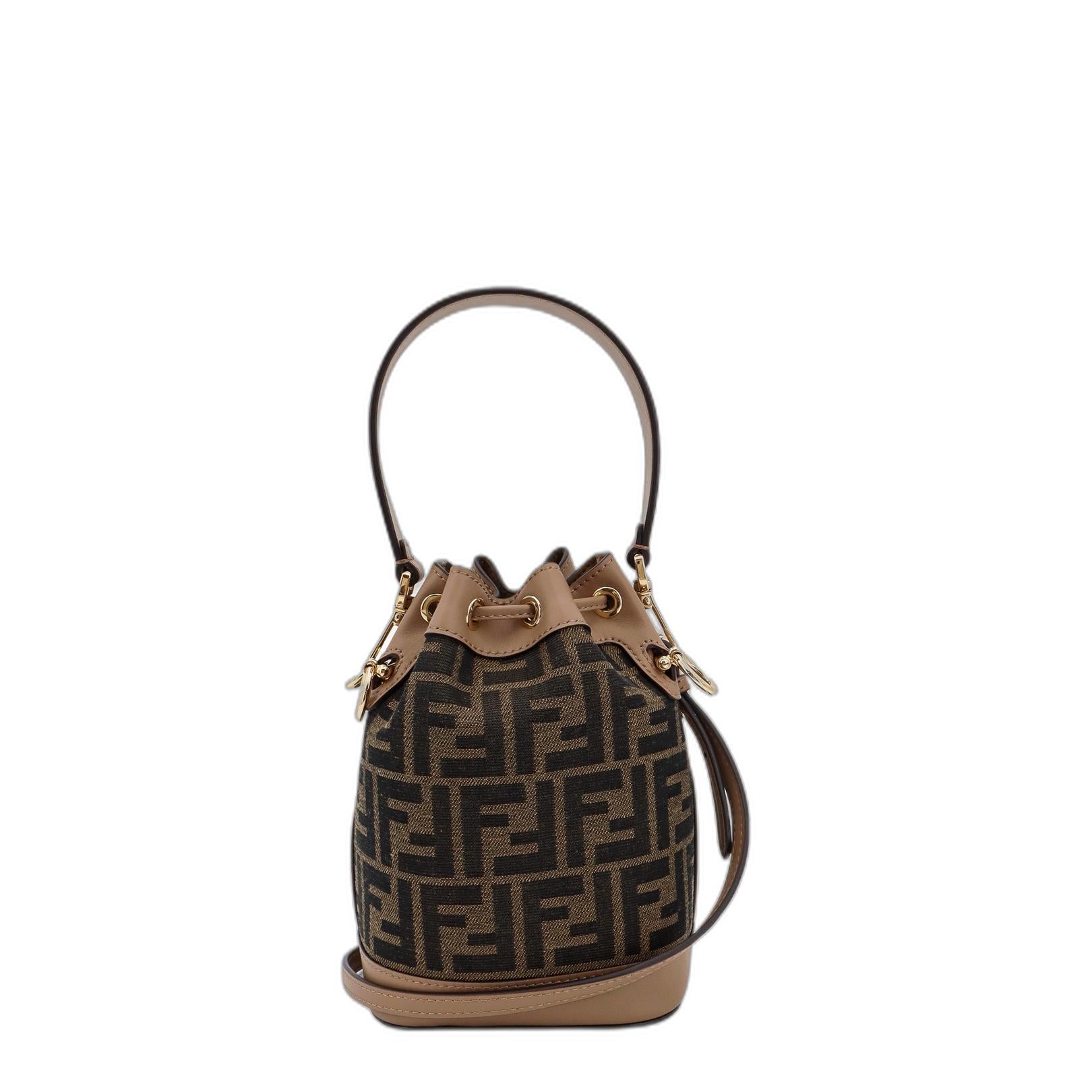 Brown Beige Canvas Leather Trim Drawstring Bag - Image 2