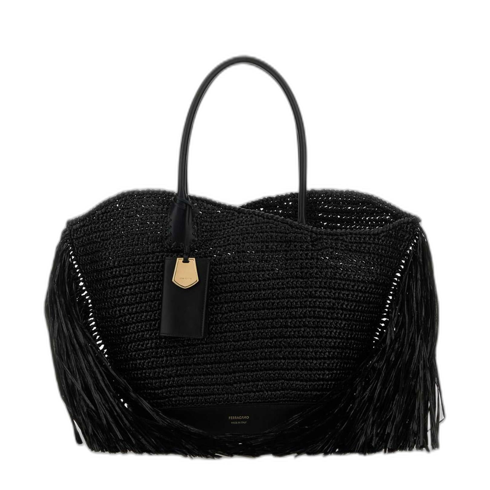 Medium Raffia and Calfskin Tote - Nero - Image 1