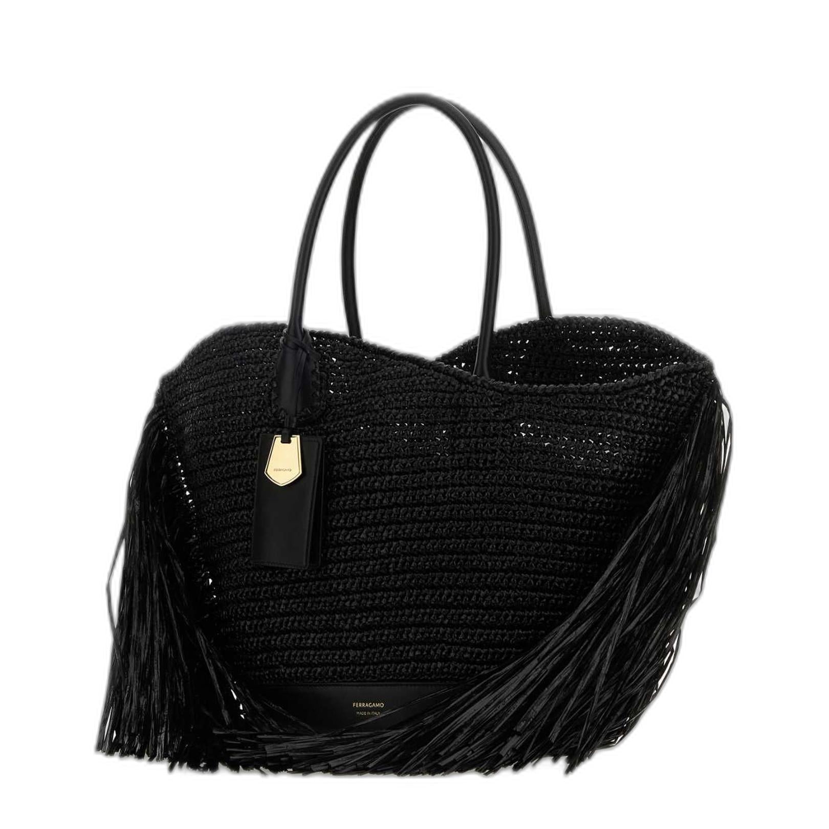 Medium Raffia and Calfskin Tote - Nero - Image 2