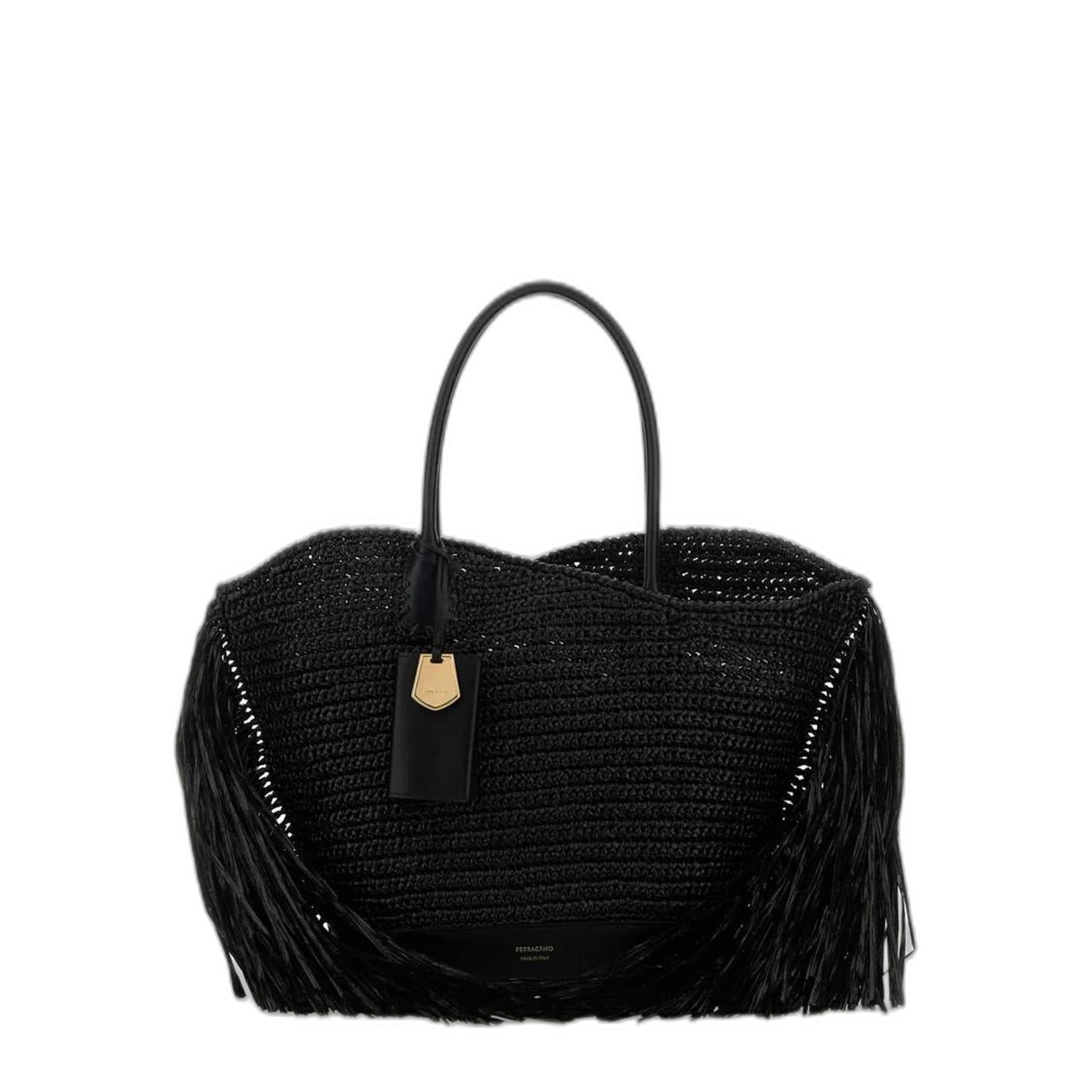 Medium Raffia and Calfskin Tote - Nero - Image 3