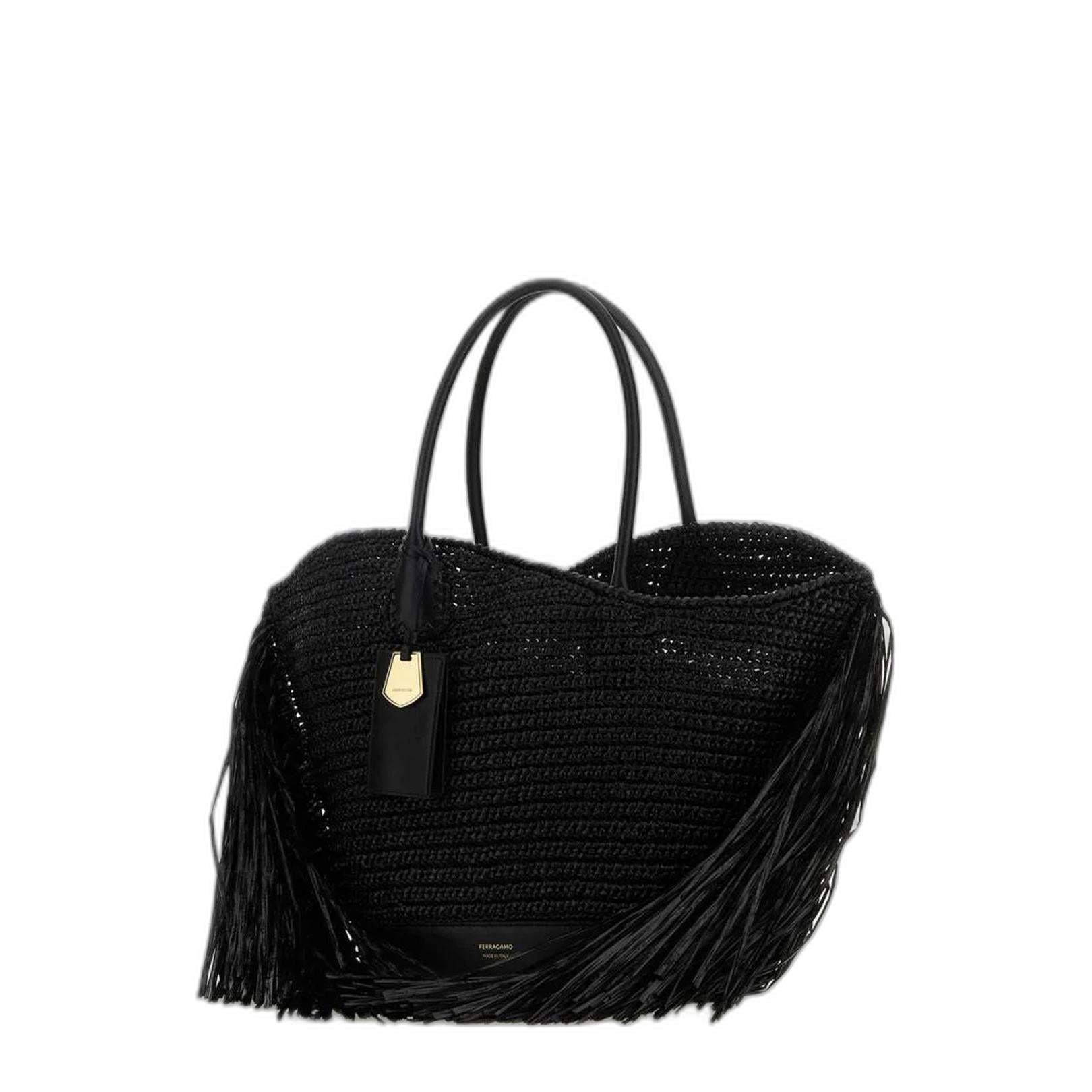Medium Raffia and Calfskin Tote - Nero - Image 4