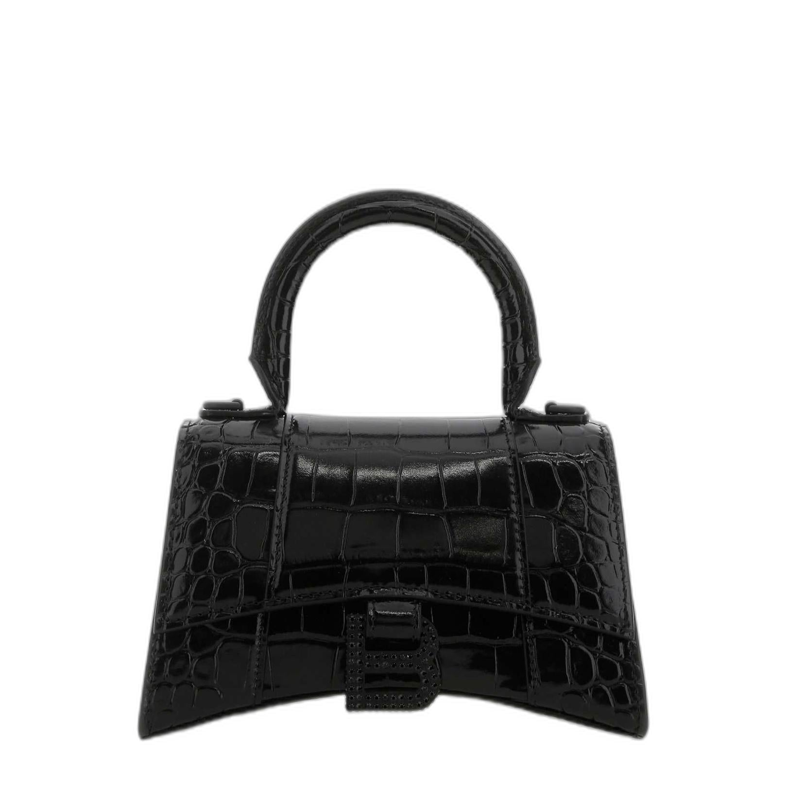 Hourglass XS Shiny Crocodile Embossed Calfskin Handbag - Black - Image 1