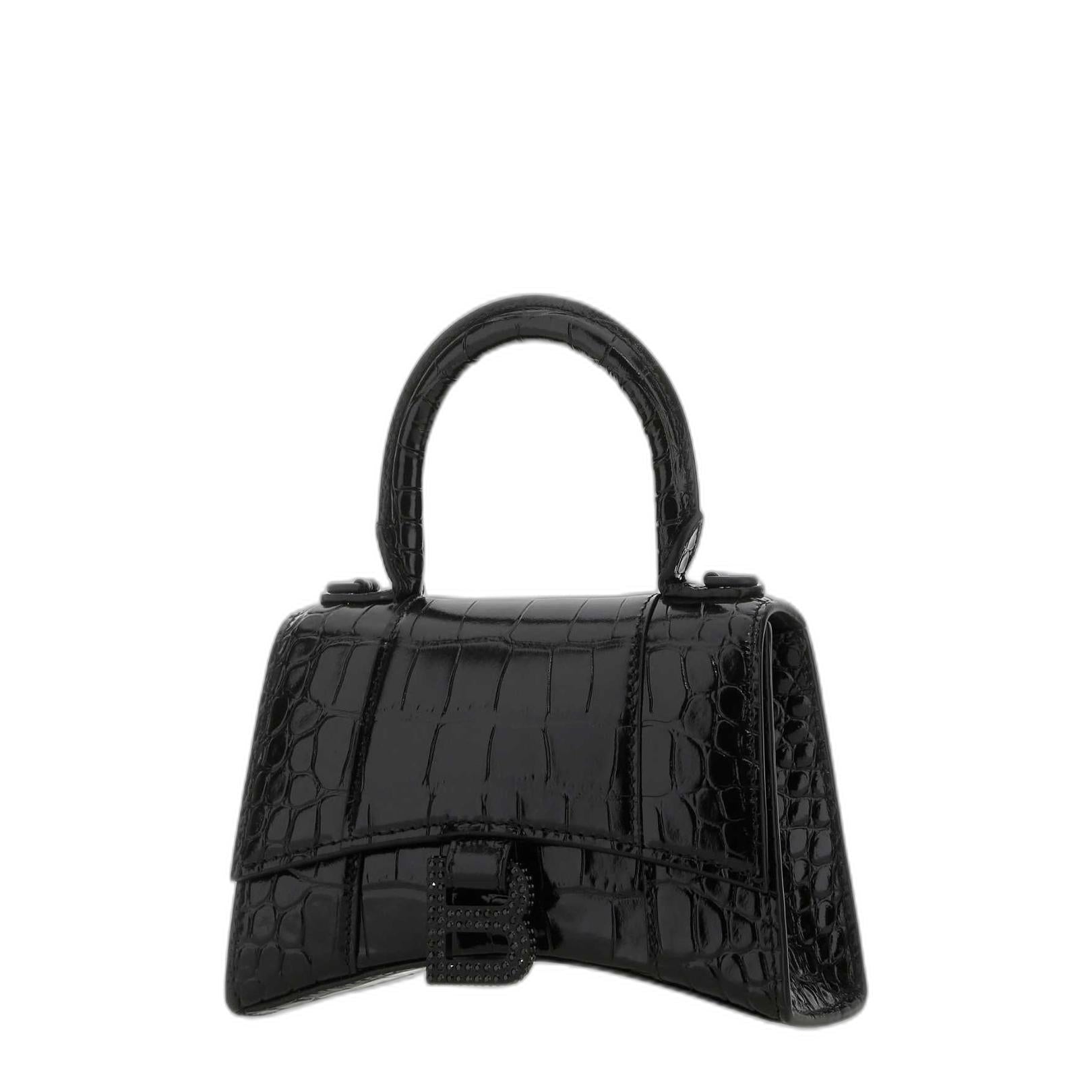 Hourglass XS Shiny Crocodile Embossed Calfskin Handbag - Black - Image 2
