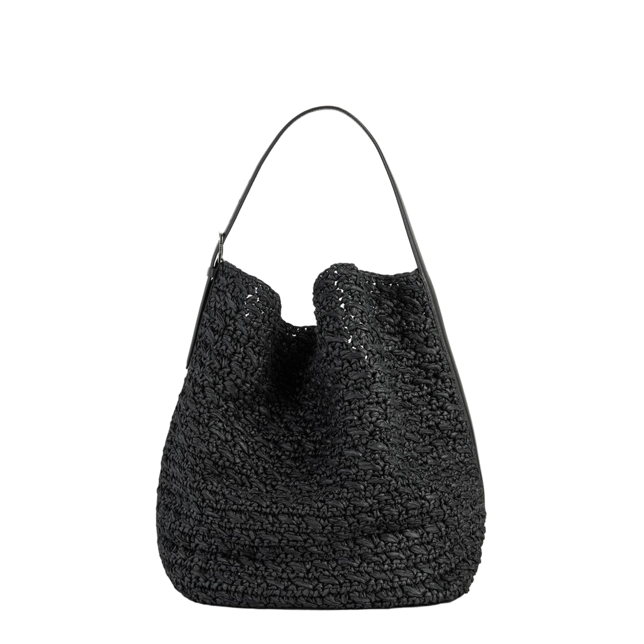 Raffia Belted Tote Bag - Black - Image 1