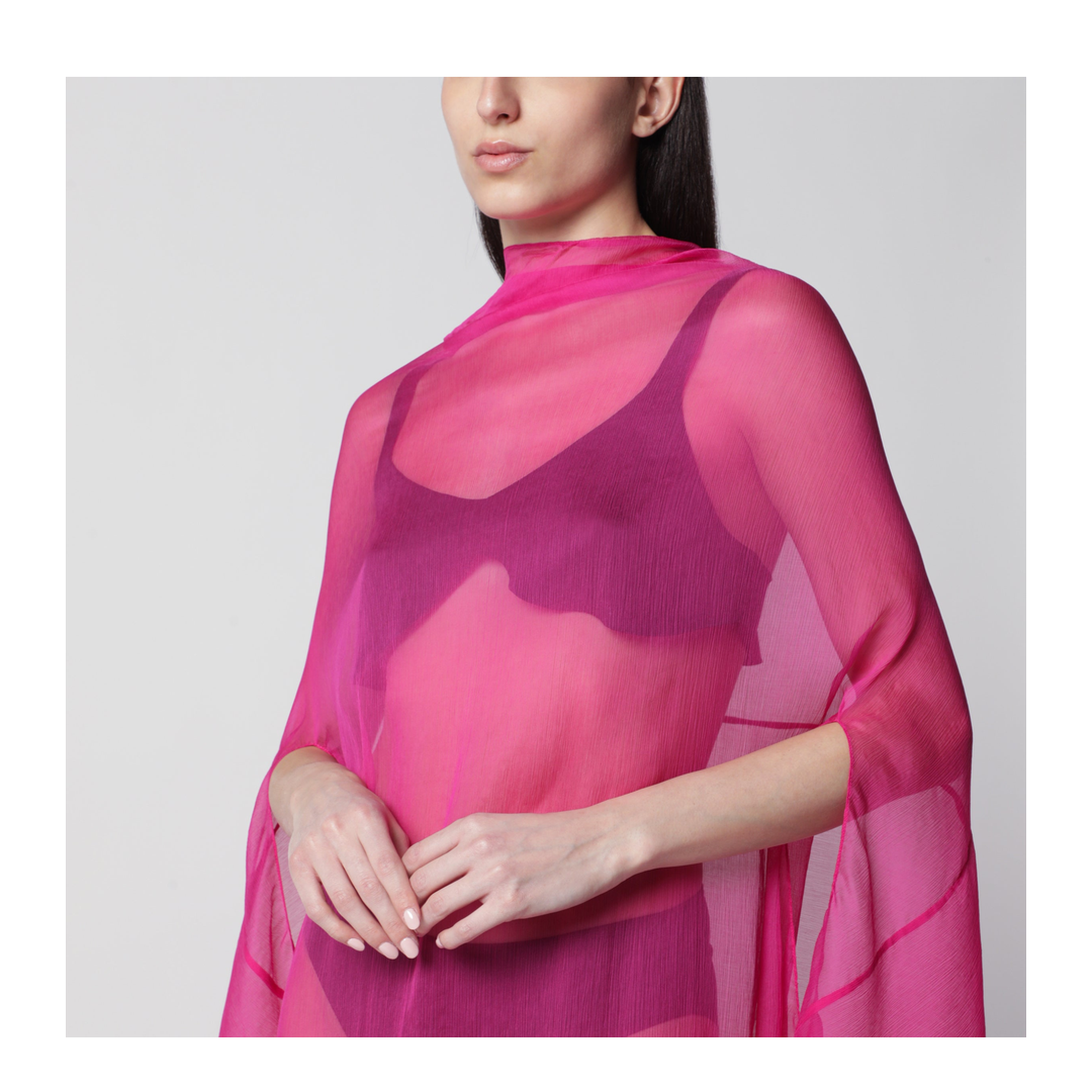 Wide Cape Dress Fuchsia in Sheer Silk - Image 2