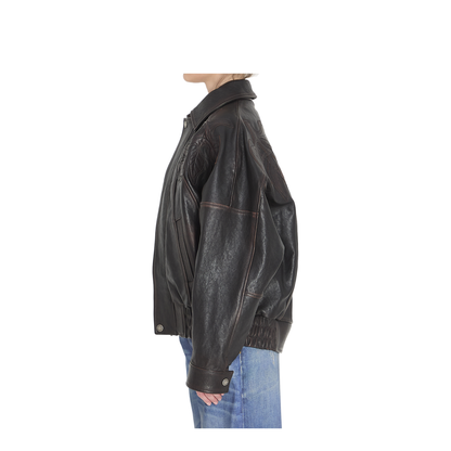 Leather Bomber Jacket with Floral Embroidery - Image 3