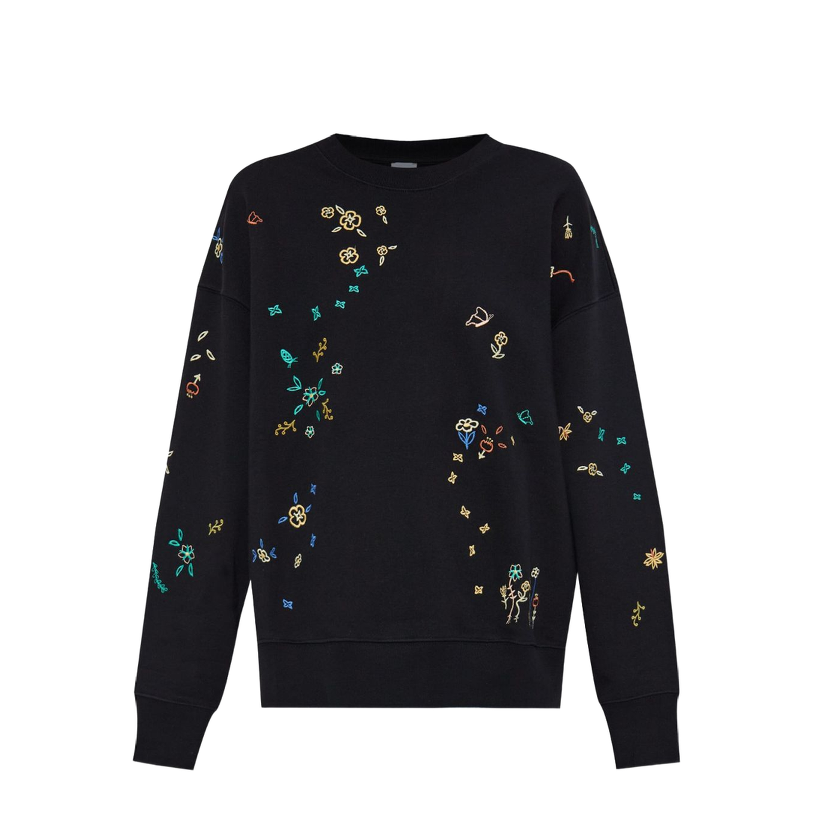 Black Multicoloured Floral Embroidery Crew Neck Long Sleeves Ribbed Cuffs and Hem Relaxed Fit - Image 1