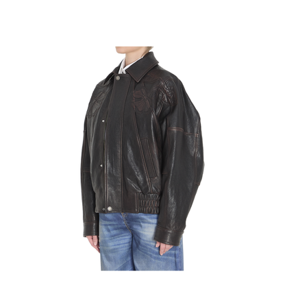 Leather Bomber Jacket with Floral Embroidery - Image 2