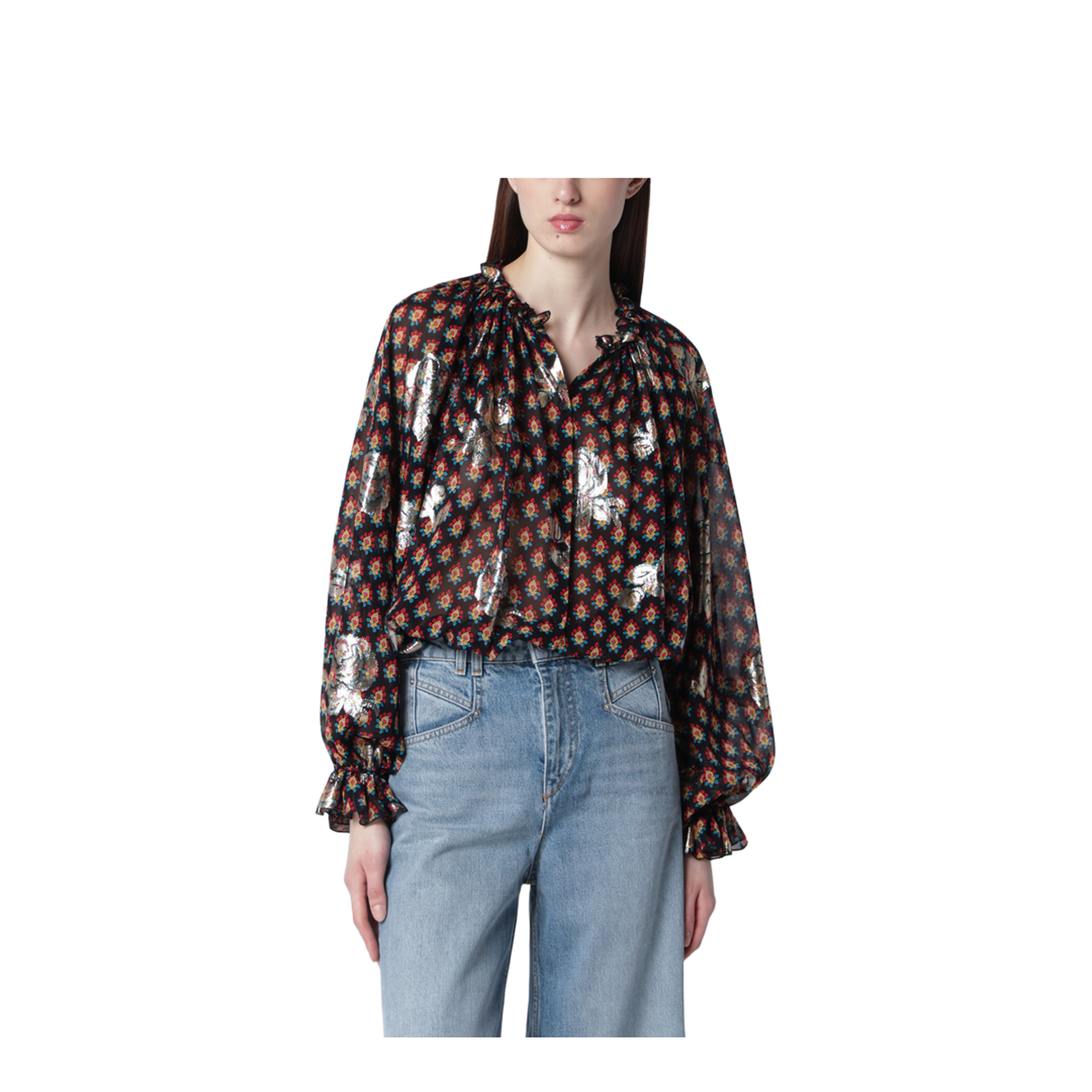 Black Silk Shirt with Fil Coupé Roses - Image 1