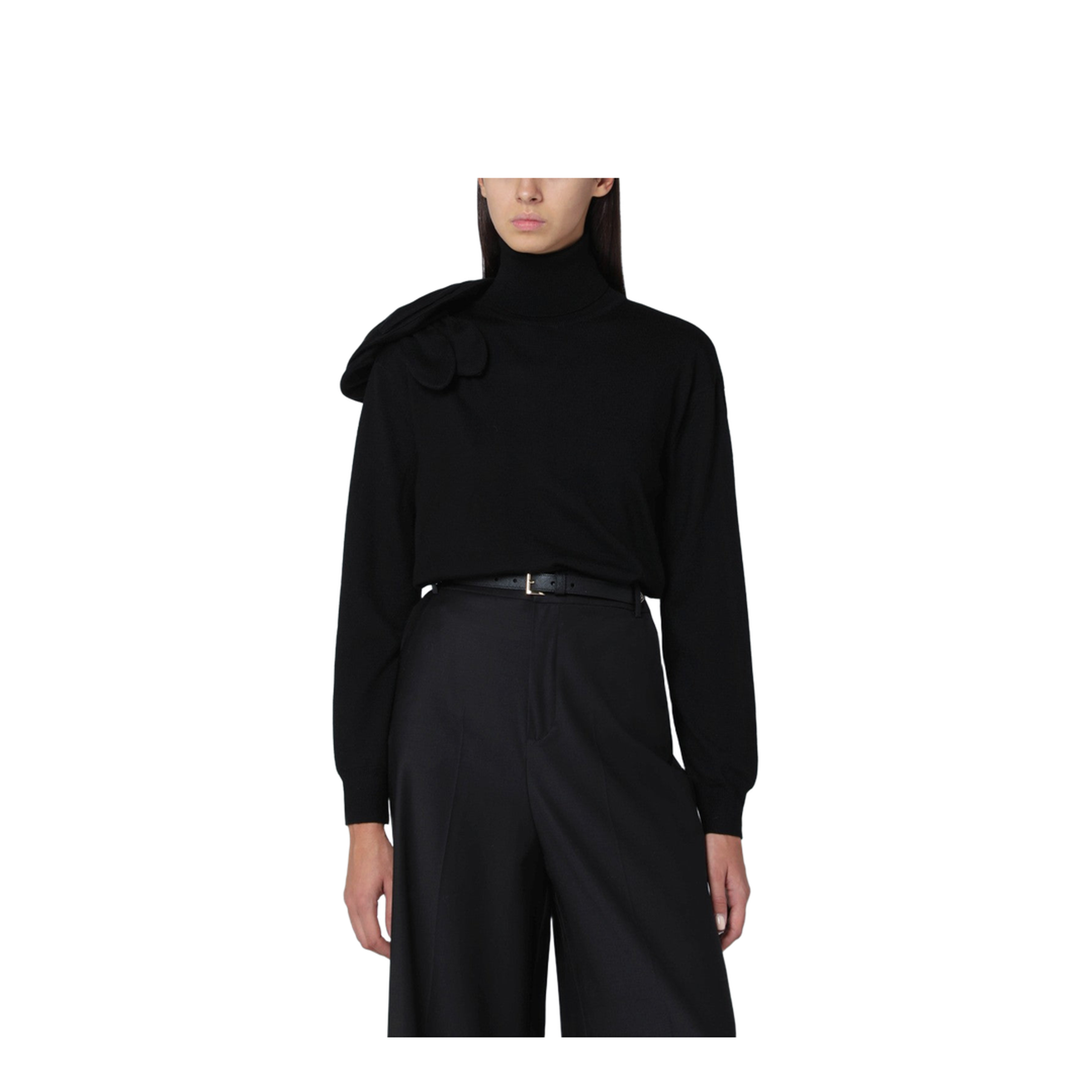 Black Turtleneck Sweater with Flower Detail - Image 1