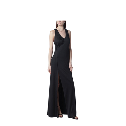 Long Black Jersey Dress with Slit - Image 1
