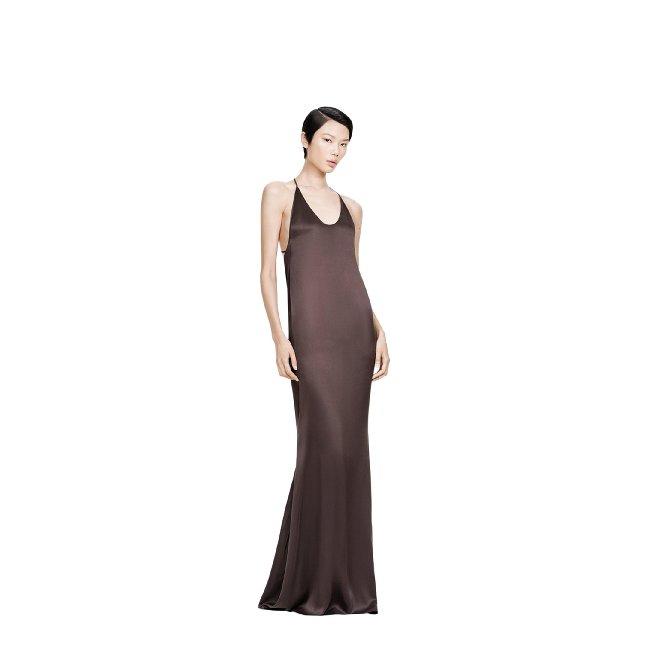 Peach-Feel Silk Satin Halterneck Evening Dress - Image 2
