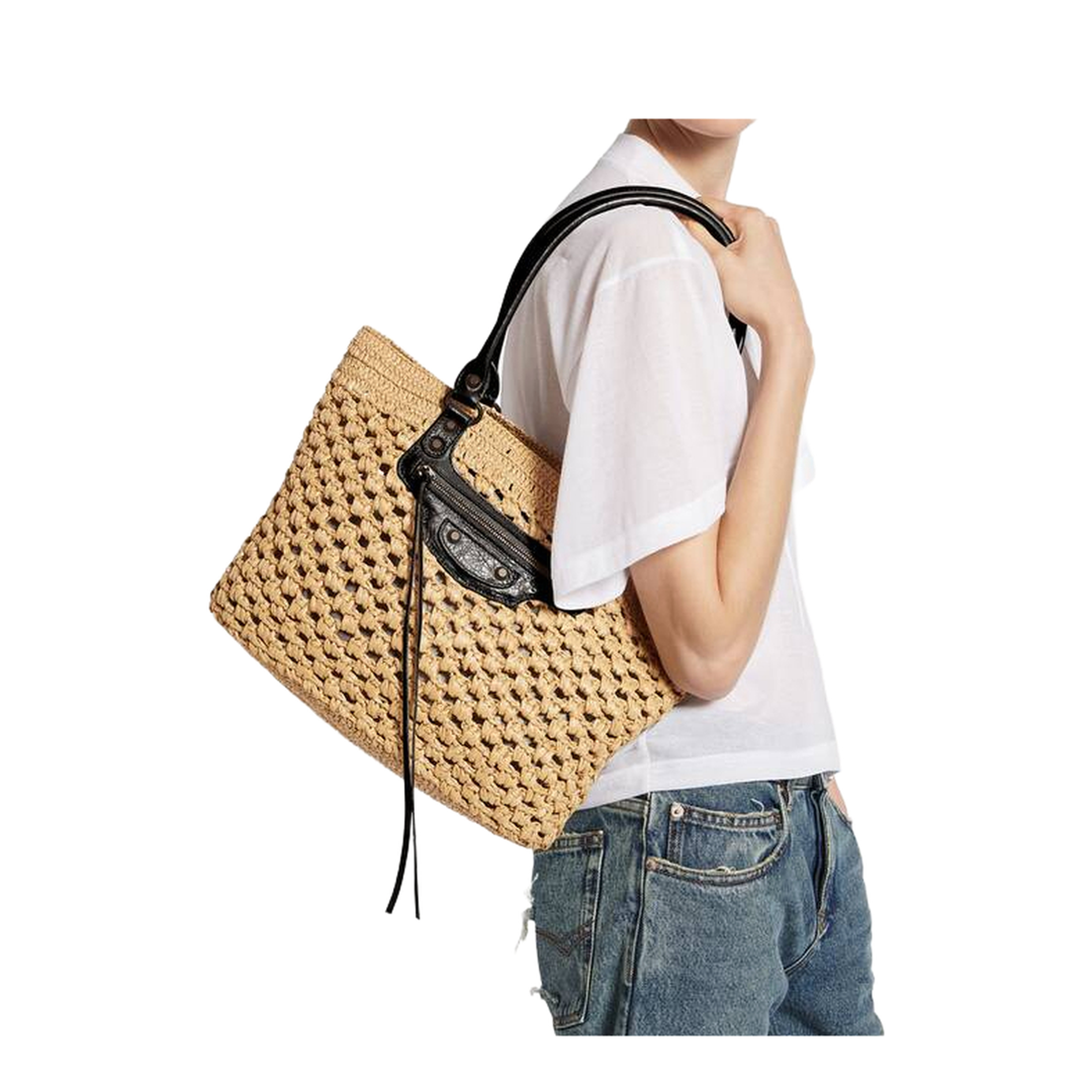 Le City Medium Raffia-Effect Fabric Basket Bag - Natural/Black - Image 5
