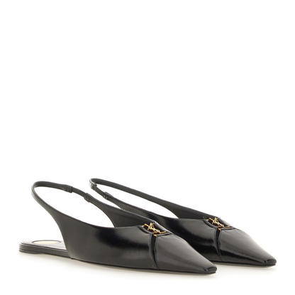 Black Leather Pointed Toe Slingback Strap Flat Sole - Image 2