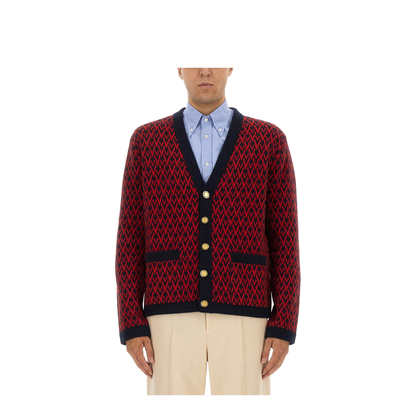 Navy and Red Wool V-Pattern Cardigan - Image 1