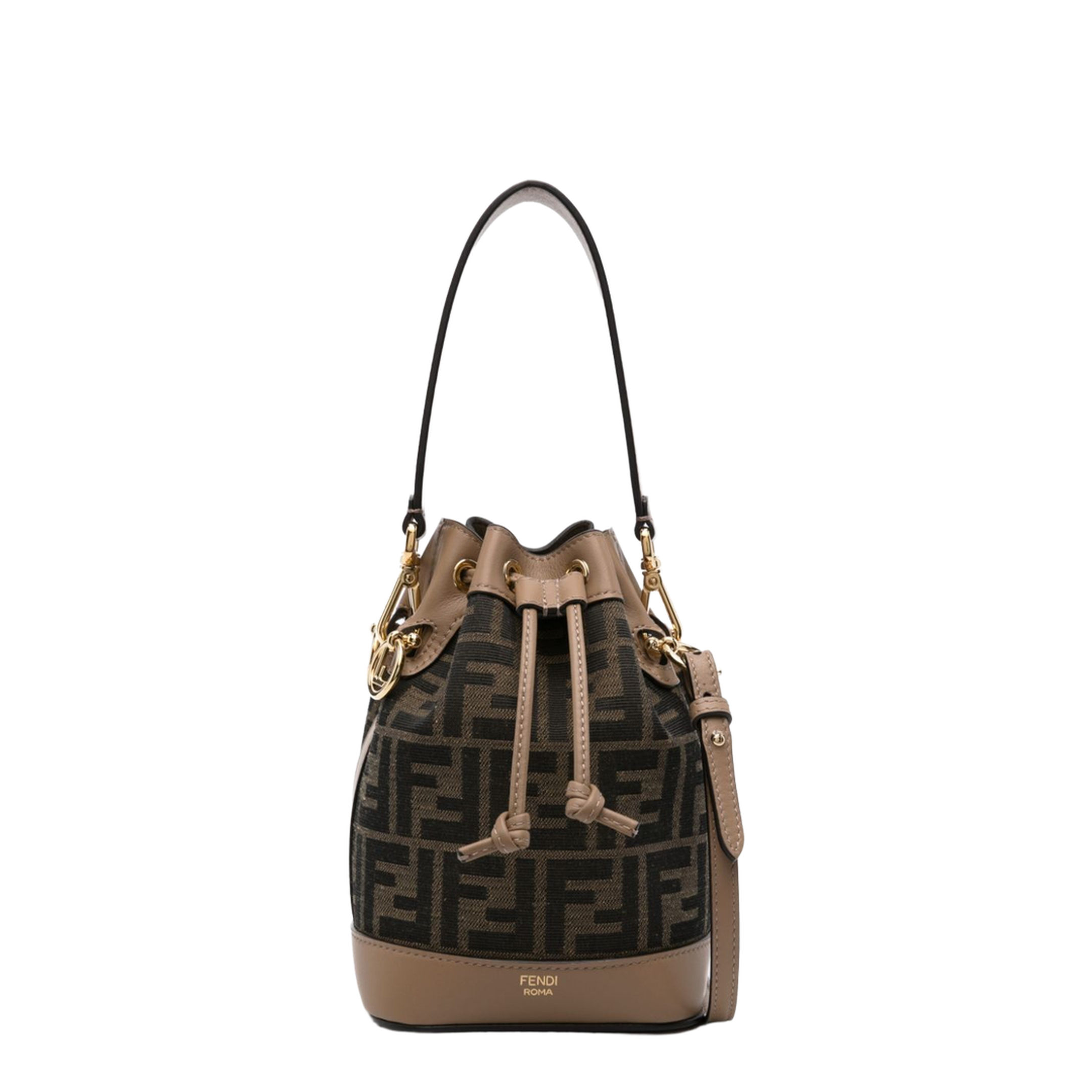 Brown Beige Canvas Leather Trim Drawstring Bag - Image 1