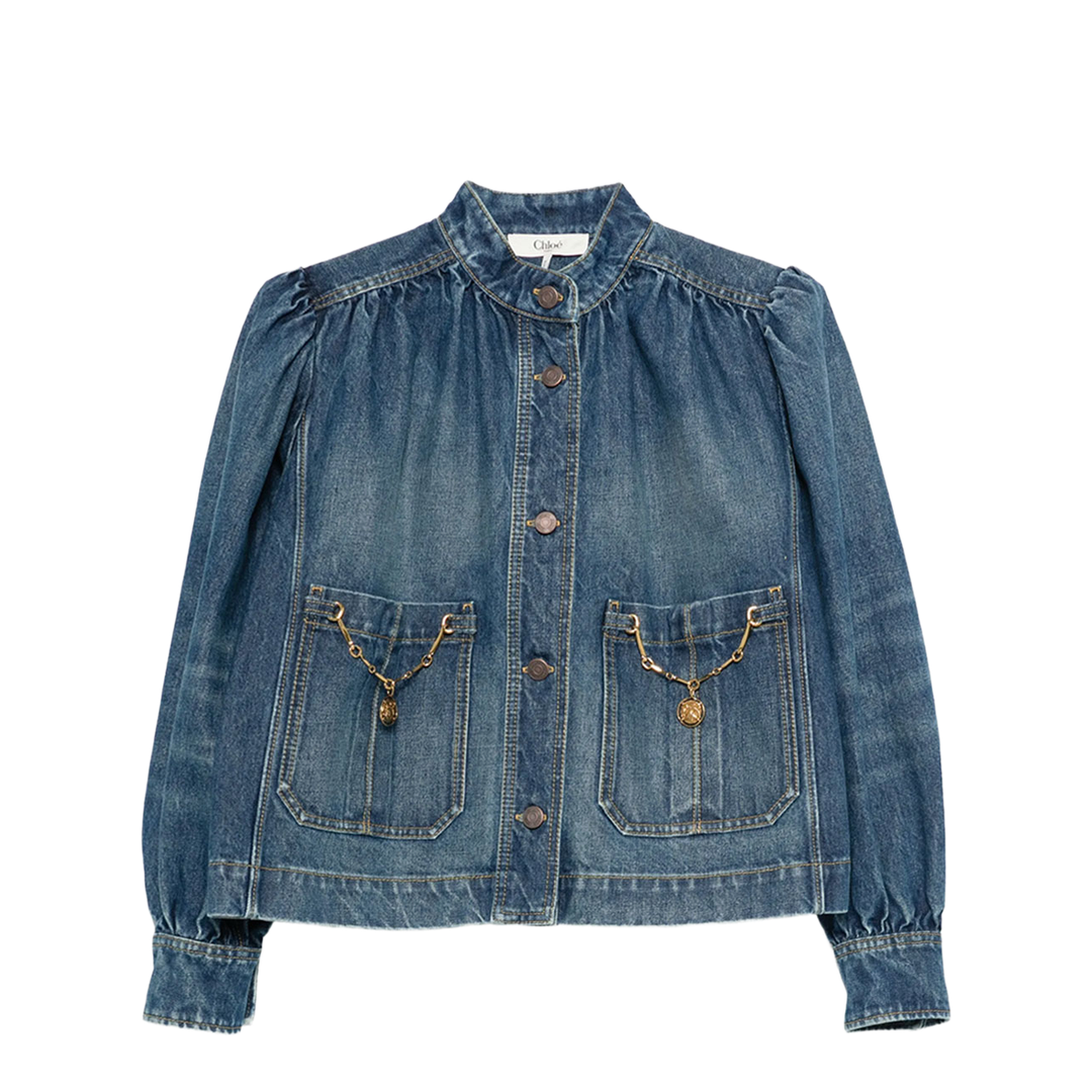 High-Neck Gathered Denim Jacket - Image 1