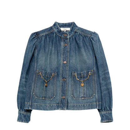 High-Neck Gathered Denim Jacket - Image 1