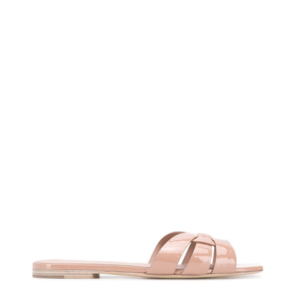 Powder Pink Leather Patent Finish Square Open Toe Multi-Way Strap Design Flat Sole Slip-On Style - Image 1