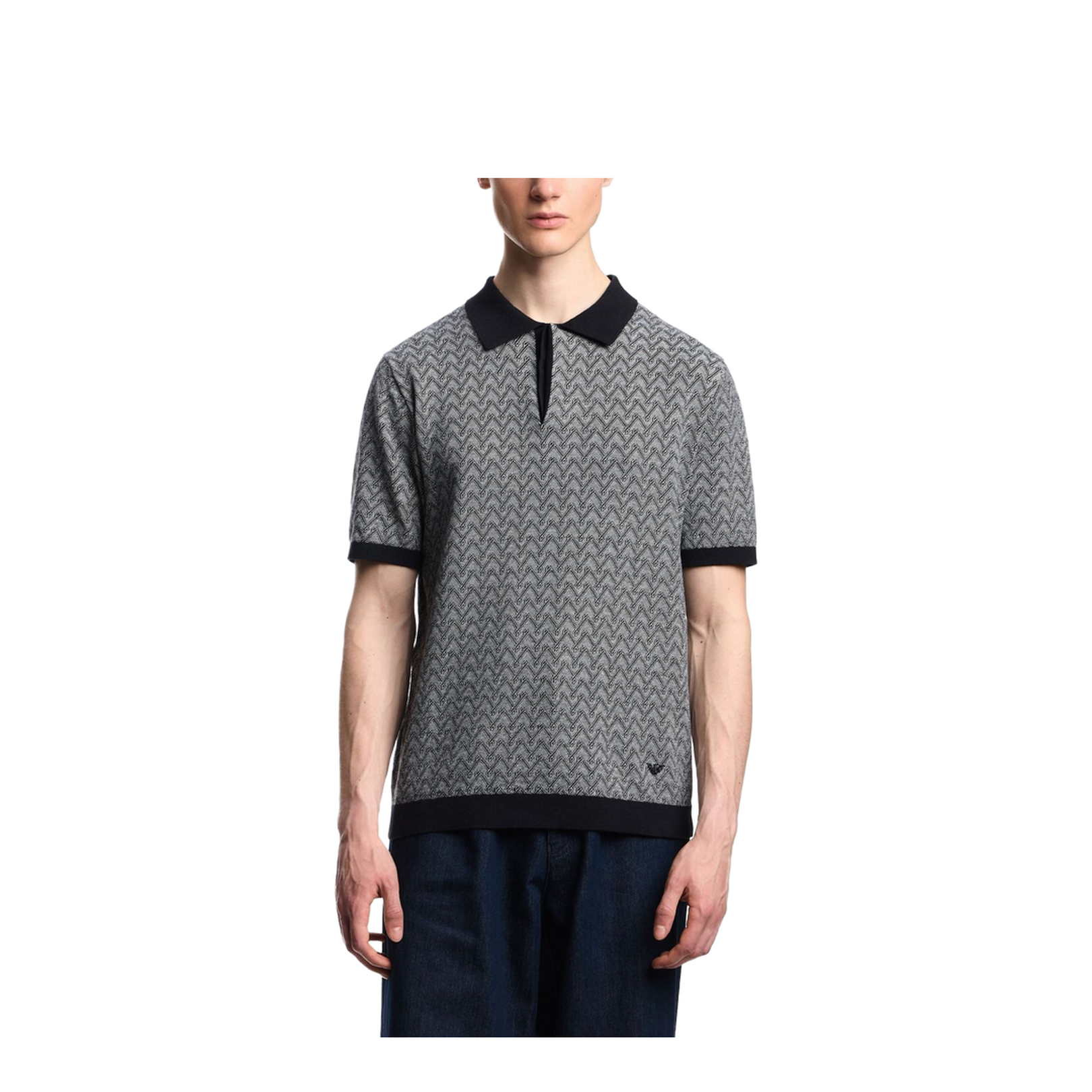 Polo-Collar Jumper in Chevron-Motif Jacquard - Image 5