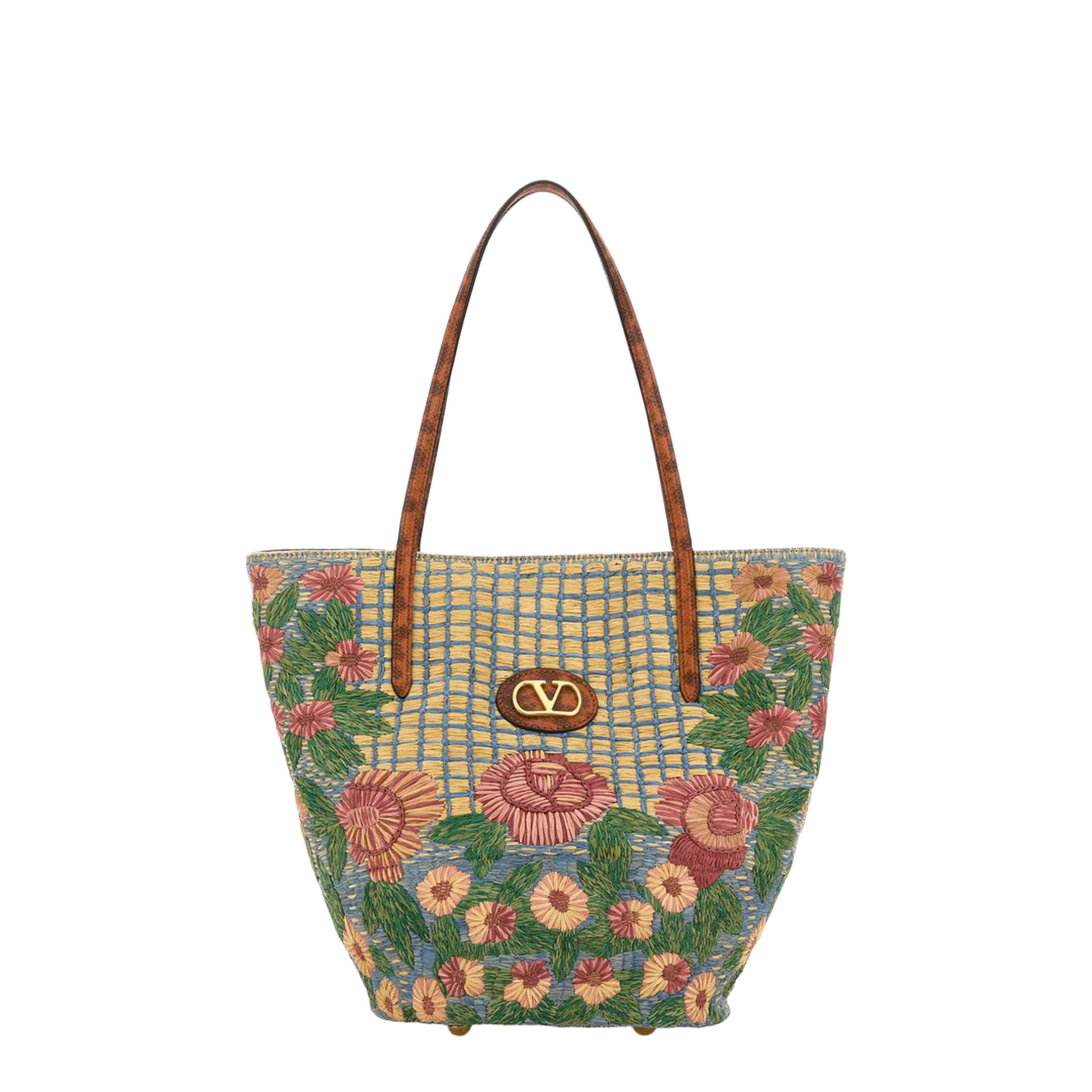 Embroidered Raffia Vlogo Signature Shopping Bag - Image 1