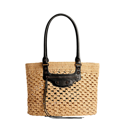 Le City Medium Raffia-Effect Fabric Basket Bag - Natural/Black - Image 5
