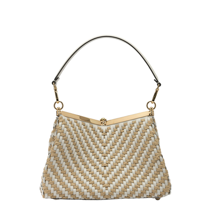 Vela Medium Woven Leather and Raffia Shoulder Bag - White - Image 3
