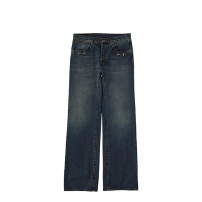 Cotton Denim Pants with Horsebit Detail - Image 1