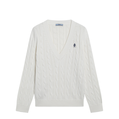 White Cable-Knit V-Neck Jumper - Image 1