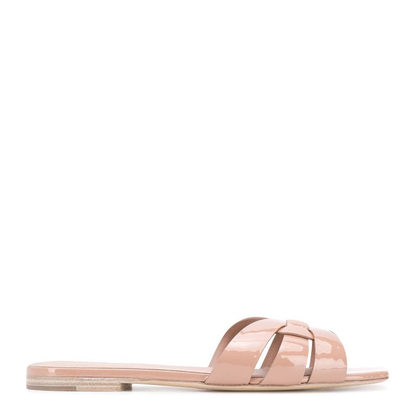 Powder Pink Leather Patent Finish Square Open Toe Multi-Way Strap Design Flat Sole Slip-On Style - Image 1