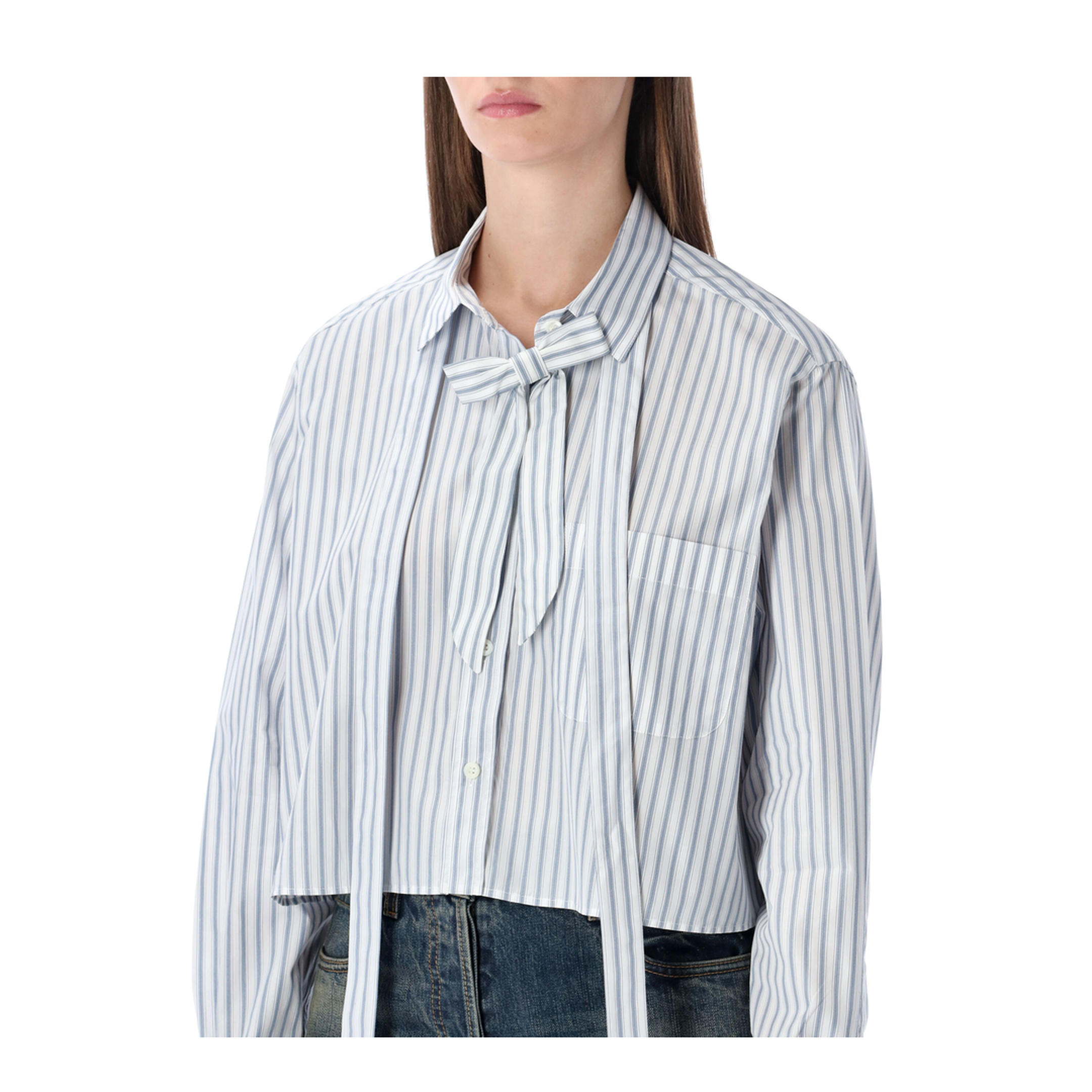 Striped Poplin Short Shirt with Scarf Collar - Image 3