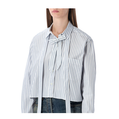 Striped Poplin Short Shirt with Scarf Collar - Image 3