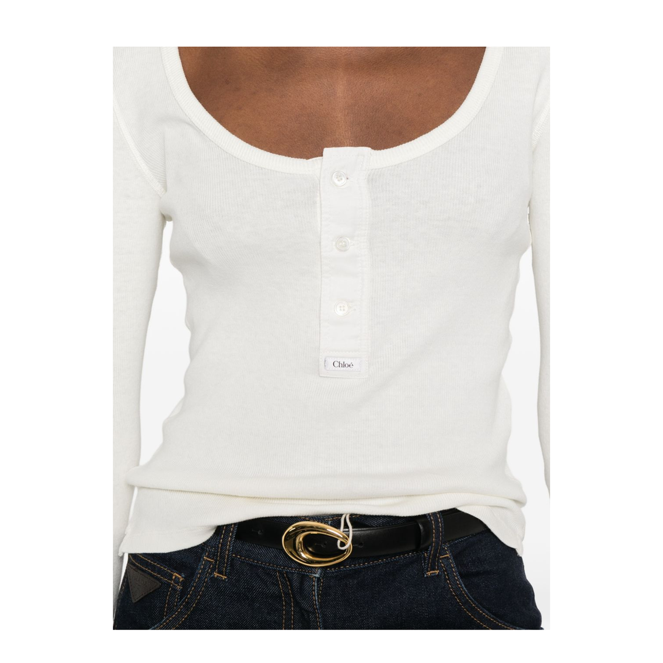 Scoop-neck Henley Shirt in Cotton Jersey White - Image 4