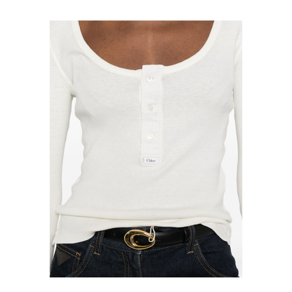 Scoop-neck Henley Shirt in Cotton Jersey White - Image 4