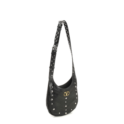 Hoboho Nappa Leather Hobo Bag With Chevron Pattern And Studs Black - Image 2