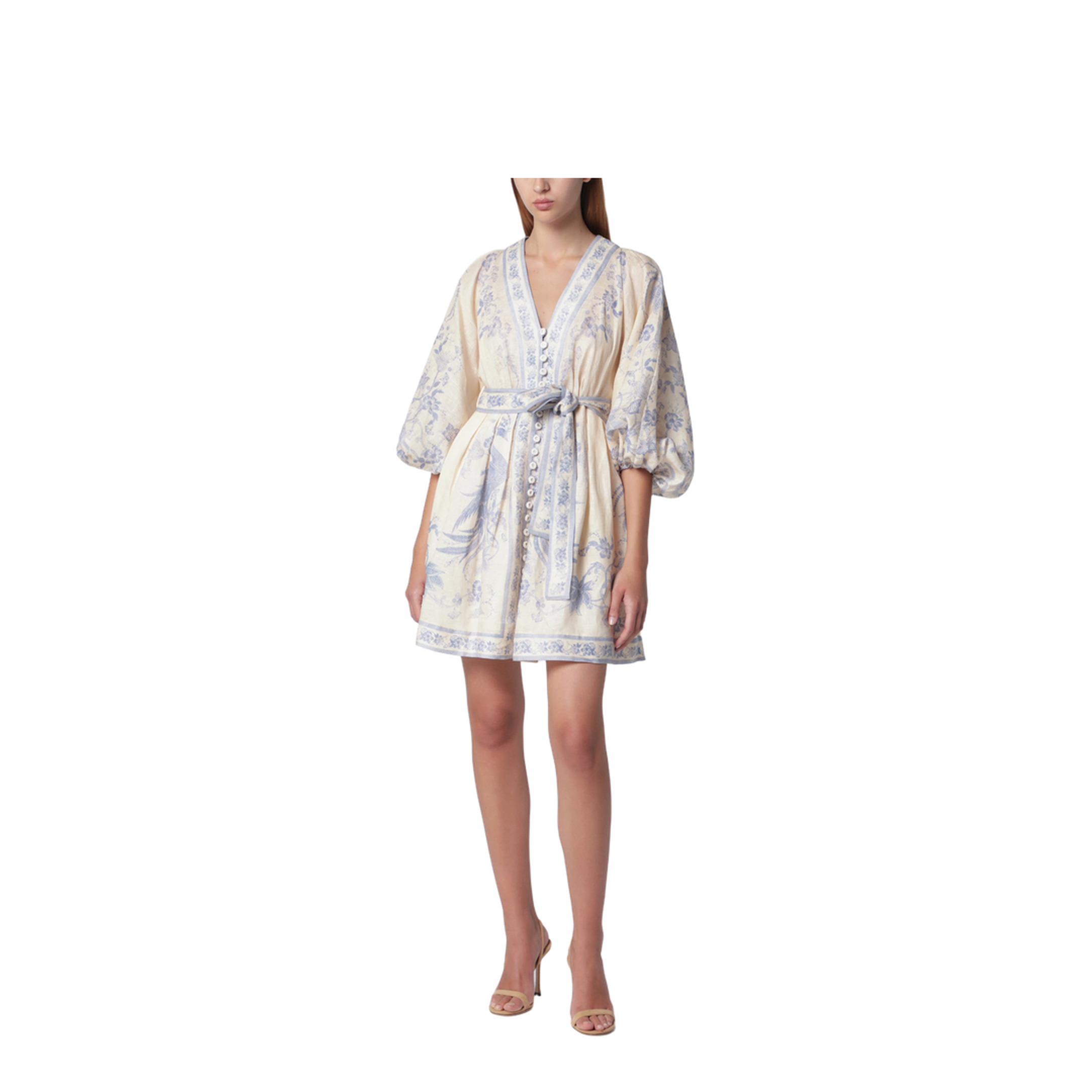 Indra Plunge Dress in Cream Lilac Linen - Image 1