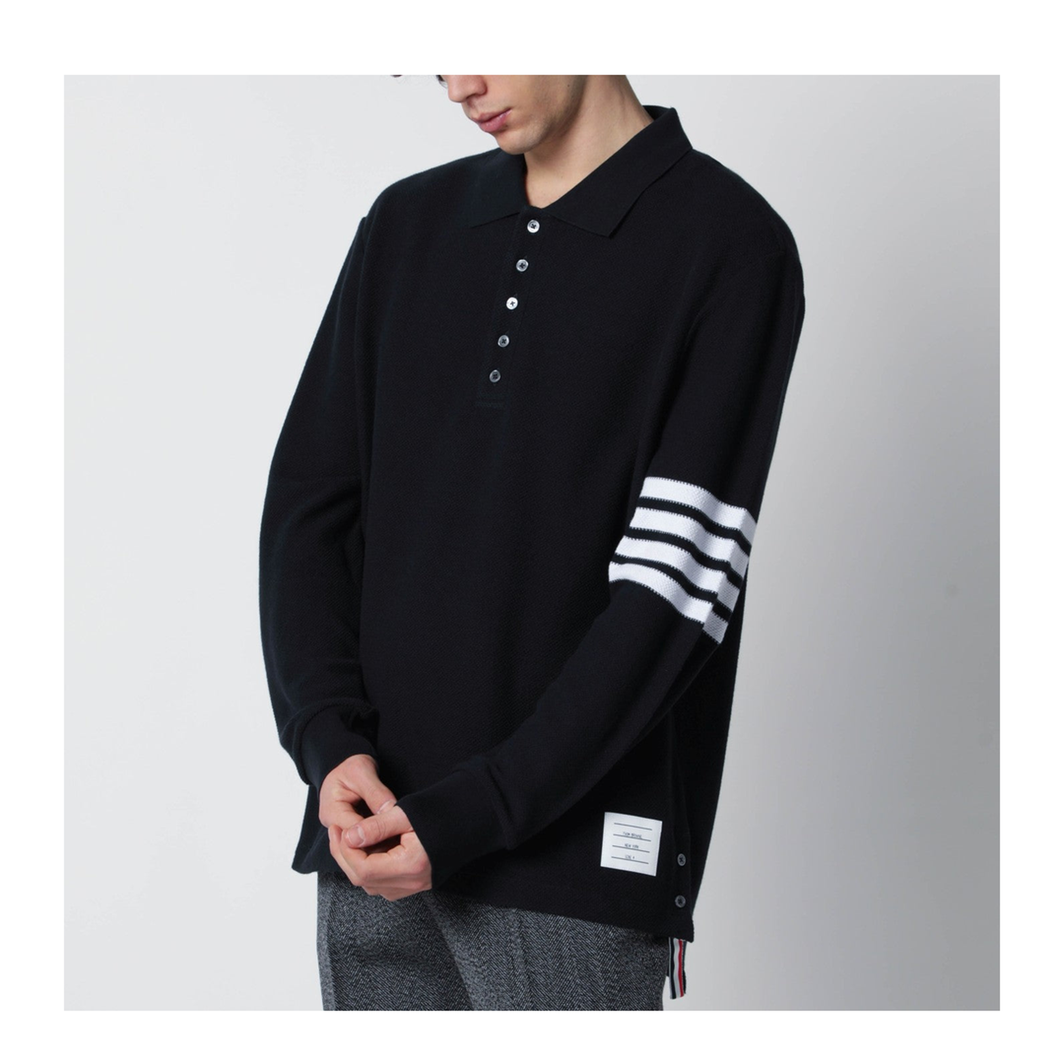 Long Sleeve Polo in Textured Pique w/ Eng 4 Bar - Image 1