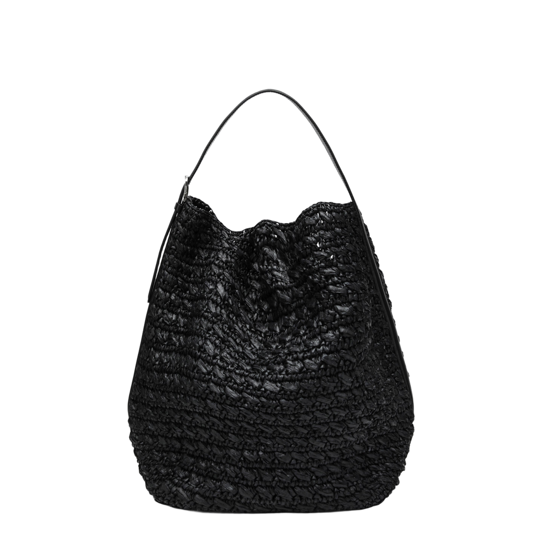 Tote Bag with Belt Details in Raffia, Black - Image 1