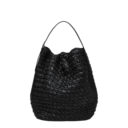 Tote Bag with Belt Details in Raffia, Black - Image 1