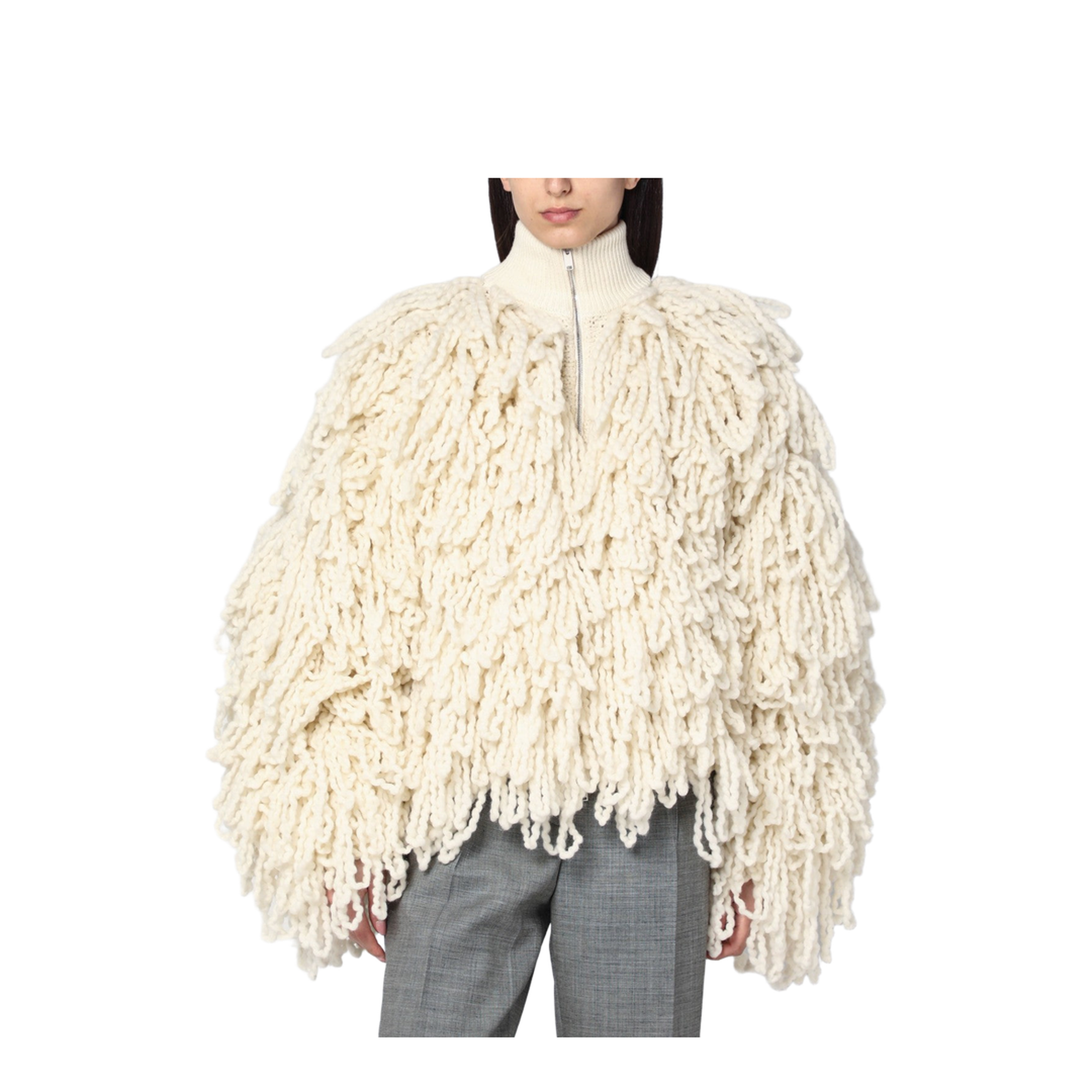 White Wool Bomber Jacket with Fringes - Image 1