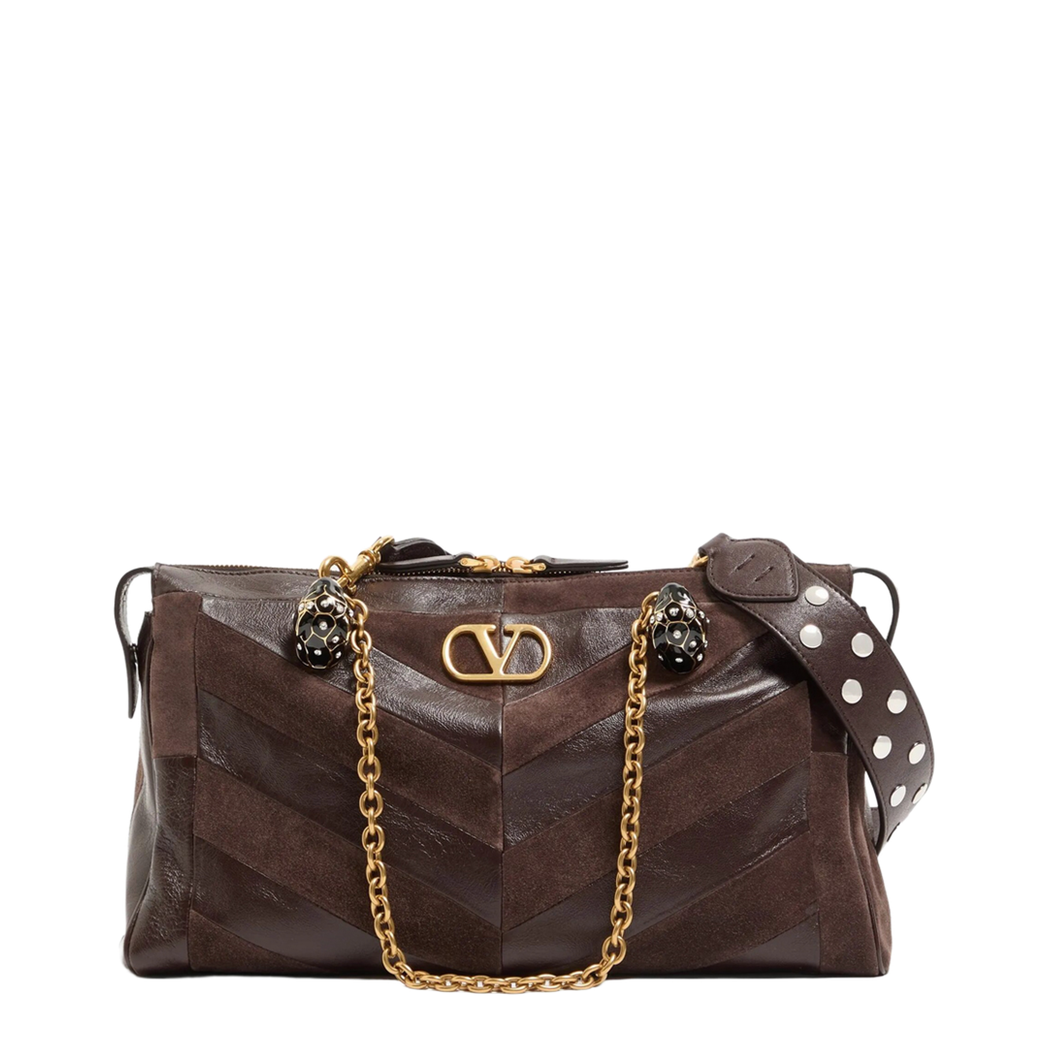 Panthea Medium Shoulder Bag in Suede and Nappa Leather with Chevron Motif - Image 1