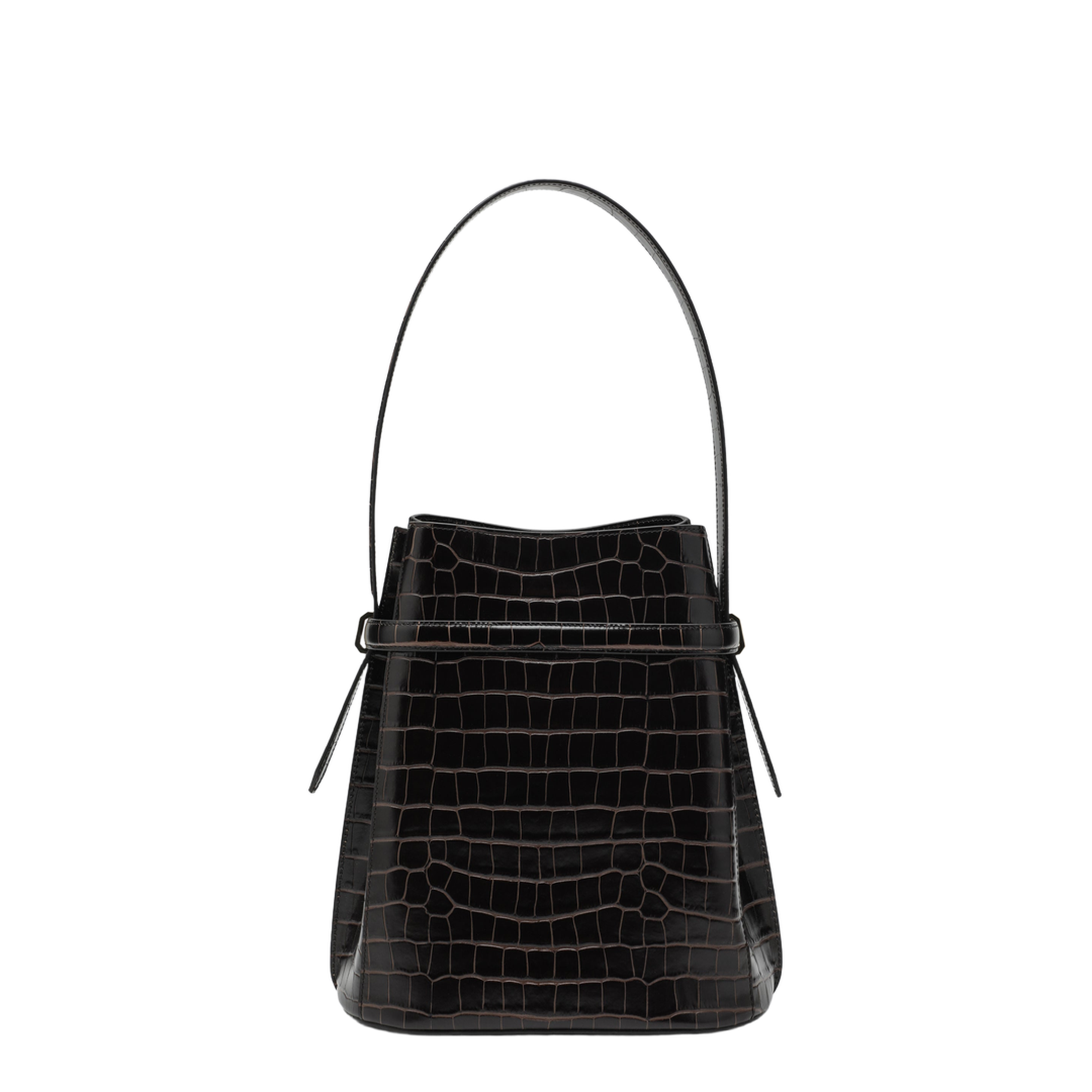 Brown Crocodile-Embossed Leather Bucket Bag - Image 2