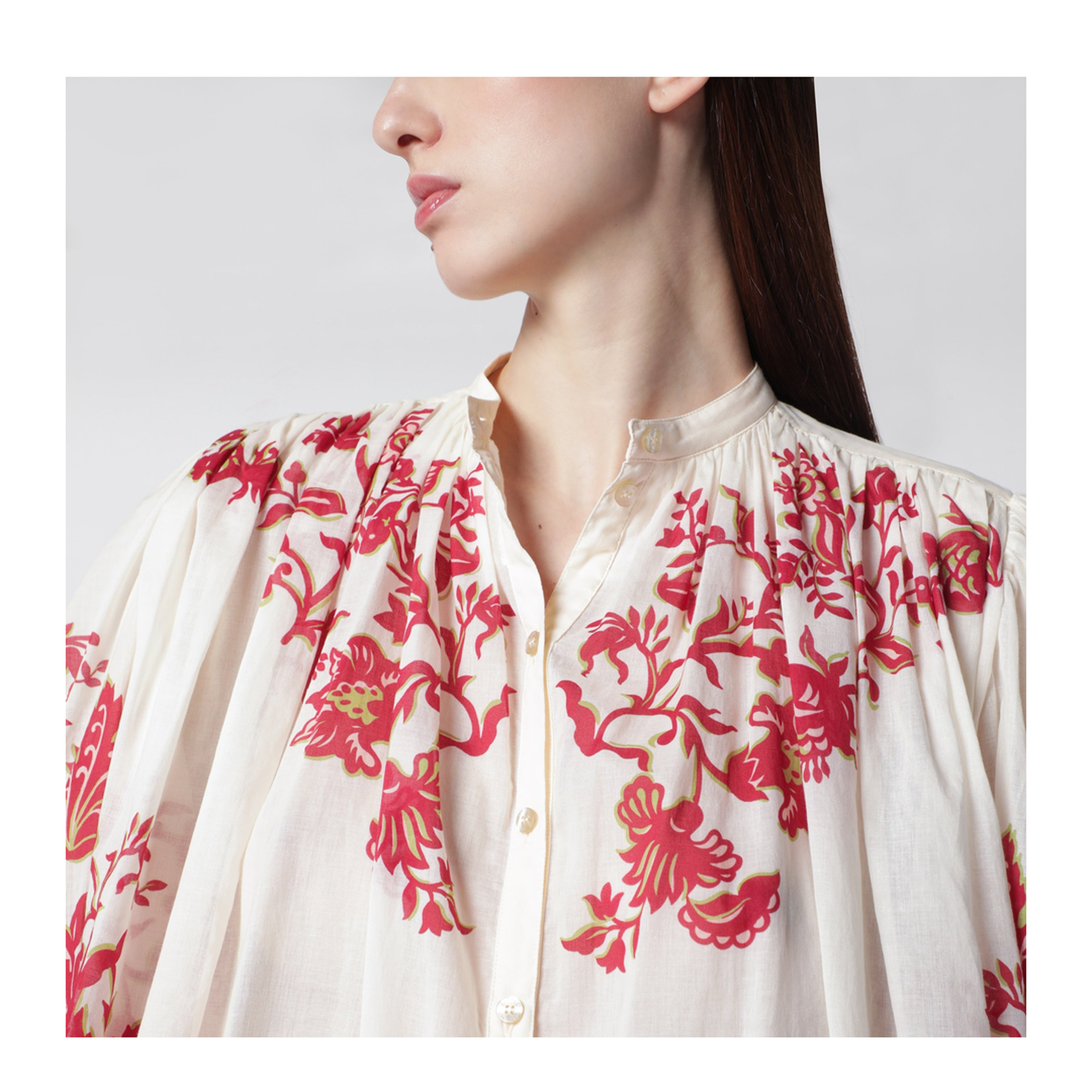 Flower-Print Pleated Cotton Blouse - Image 2