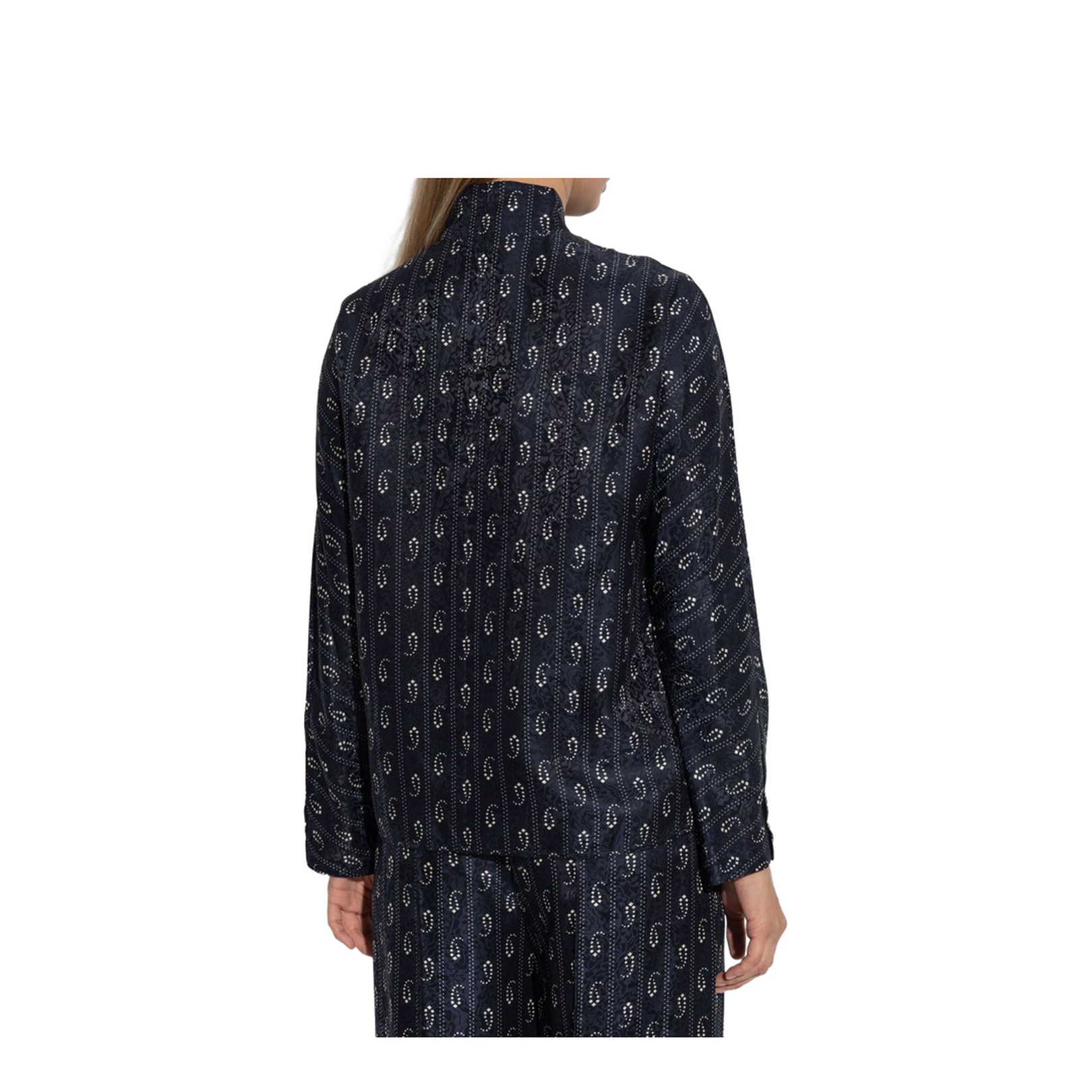 Navy Blue Paisley Print Button Fastening Mandarin Collar Long Sleeves - Image 4