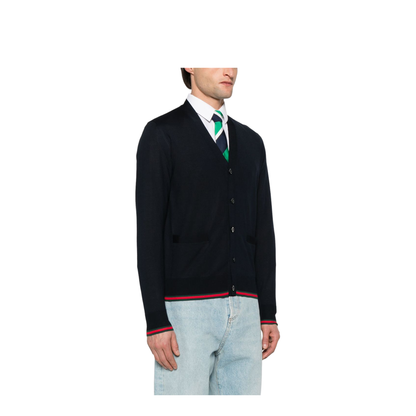 Wool Knit Cardigan with Web in Dark Blue - Image 3