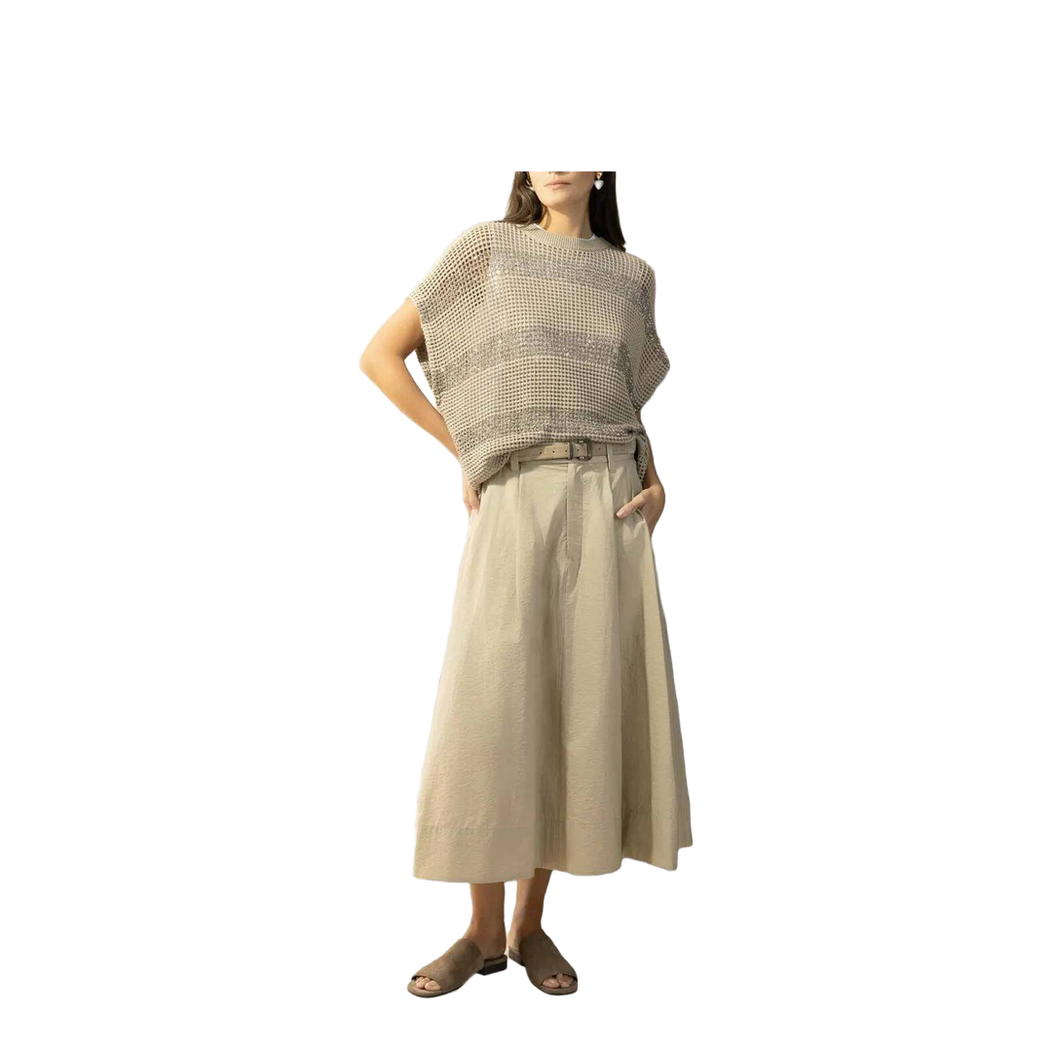 Striped Cotton Knitted Sweater - Beige - Image 3