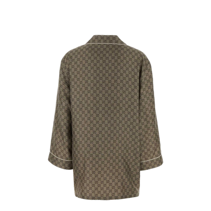 Printed Silk Twill Shirt in Beige and Dark Brown - Image 2