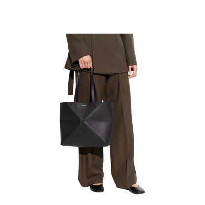 Puzzle Fold Medium Soft Grained Calfskin Tote - Black - Image 2