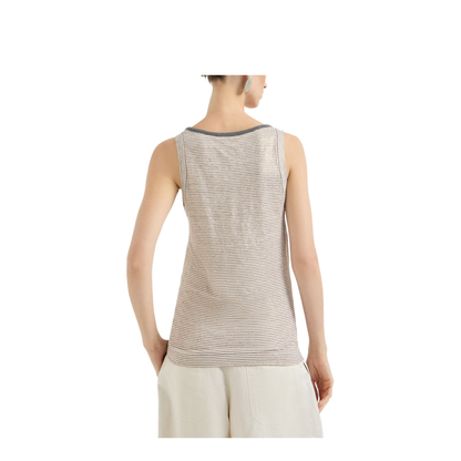 Linen Striped Crew Neck Top with Contrasting Trim and Necklace - Image 3